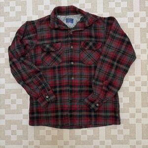 Vintage 60s Pendleton Flannel Button Shirt Size Medium Red Black Gray USA